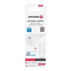 SWISSTEN SÍŤOVÝ ADAPTÉR GaN 1x USB-C 35W POWER DELIVERY BÍLÝ + DATOVÝ KABEL USB-C/LIGHTNING 1,2 M BÍLÝ