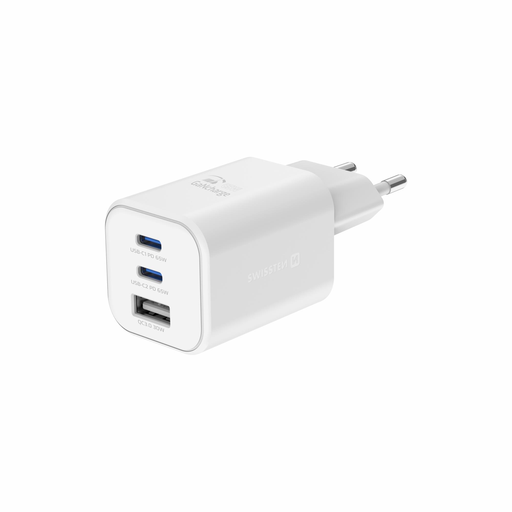 SWISSTEN SÍŤOVÝ ADAPTÉR GaN 2x USB-C 65W PD + 1x USB-A 30W QC BÍLÝ