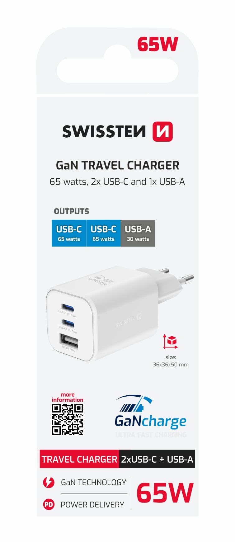 SWISSTEN SÍŤOVÝ ADAPTÉR GaN 2x USB-C 65W PD + 1x USB-A 30W QC BÍLÝ