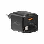 SWISSTEN SÍŤOVÝ ADAPTÉR SlideCHARGE GaN 30W, 1x USB-A 18W SE ZATAHOVACÍM USB-C KABELEM 0.75 M ČERNÝ