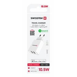 SWISSTEN SÍŤOVÝ ADAPTÉR SMART IC 2x USB 2,1A POWER + DATOVÝ KABEL USB / LIGHTNING MFi 1,2 M BÍLÝ