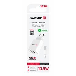 SWISSTEN SÍŤOVÝ ADAPTÉR SMART IC 2x USB 2,1A POWER + DATOVÝ KABEL USB / TYPE C 1,2 M BÍLÝ
