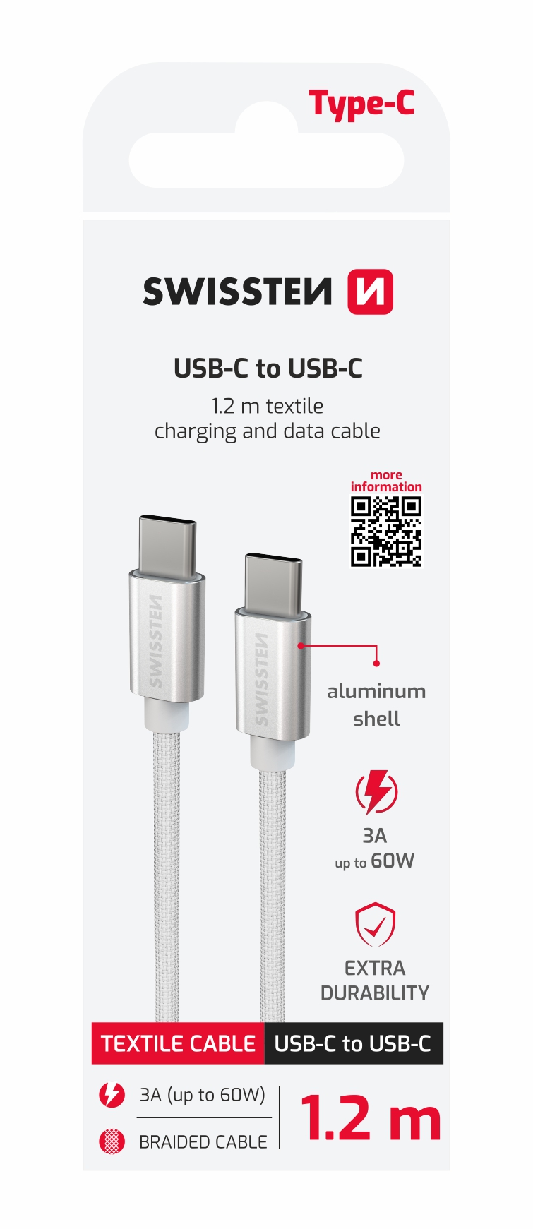 Swissten Textile kabel USB-C/USB-C 1,2 m, stříbrný