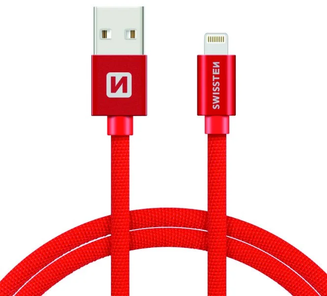 SWISSTEN Textile Lightning MFi, dátový kábel, červený, 1,2 m 71524206