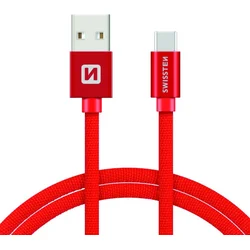 SWISSTEN Textile USB-C, dátový kábel, červený, 2 m 71521306