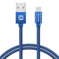 SWISSTEN Textile USB-C, datový kabel, modrý, 0,2 m