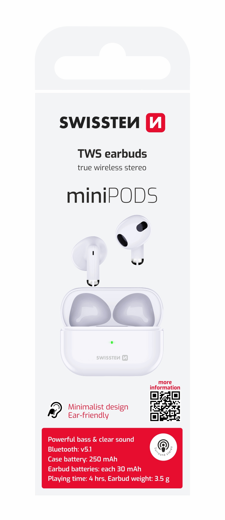 Swissten TWS sluchátka Minipods, bílá