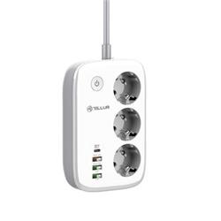 Tellur WiFi Smart Power Strip, 3x zásuvka, 2x USB 2,4A, 1x USB QC18W, 1x USB-C PD30W, 2 m, biela