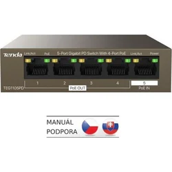 Tenda TEG1105PD PoE PD Gigabit switch, 1x PoE IN, 4x PoE OUT 802.3af, 5x 1 Gb/s, max. 30W, fanless