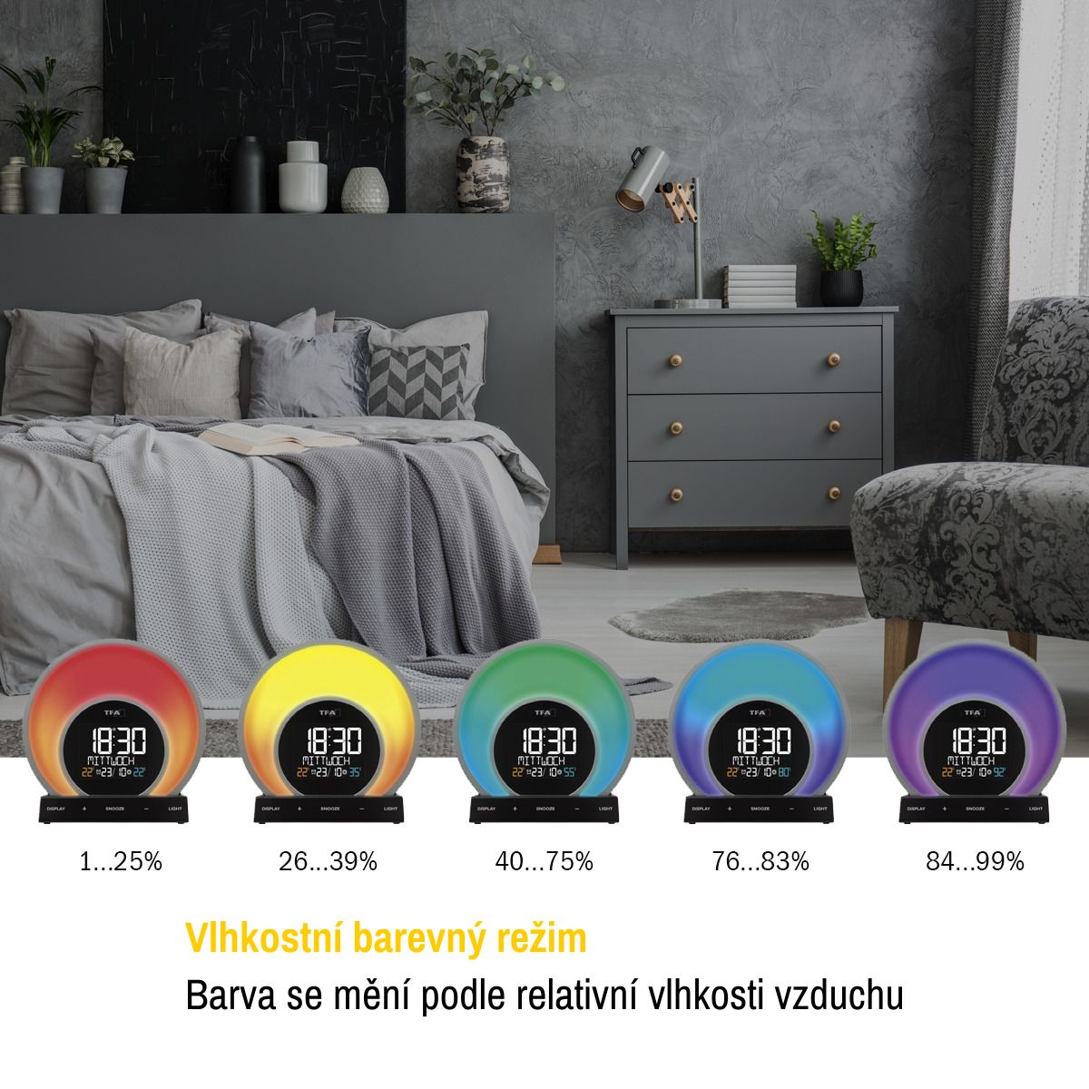 TFA Digitálny budík s farebným podsvietením, teplotou a vlhkosťou SOLUNA TFA60.2026.01