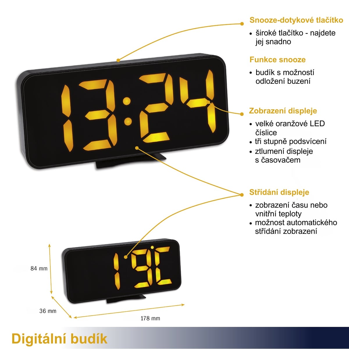 TFA Digitálny budík s teplomerom a veľkými LED číslicami TFA60.2027.01
