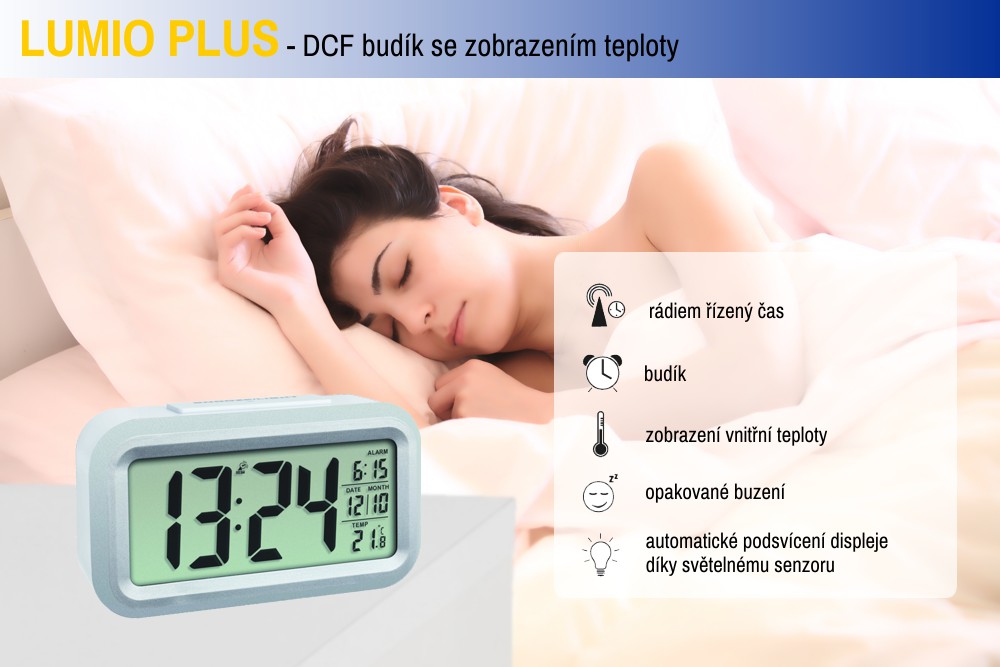 TFA rádiom riadený digitálny budík s možnosťou podsvietenia 60.2553.02 LUMIO PLUS - farba biela TFA60.2553.02