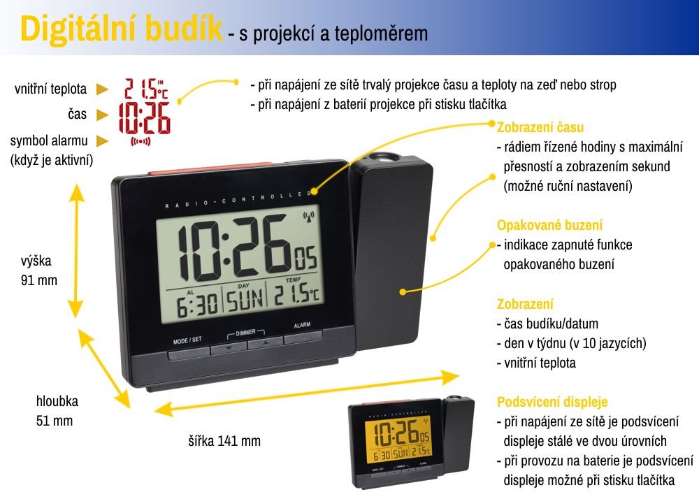 TFA Rádiom riadený digitálny budík s projekciou, zobrazením vnútornej teploty a podsvieteným displejom TFA60.5016.01