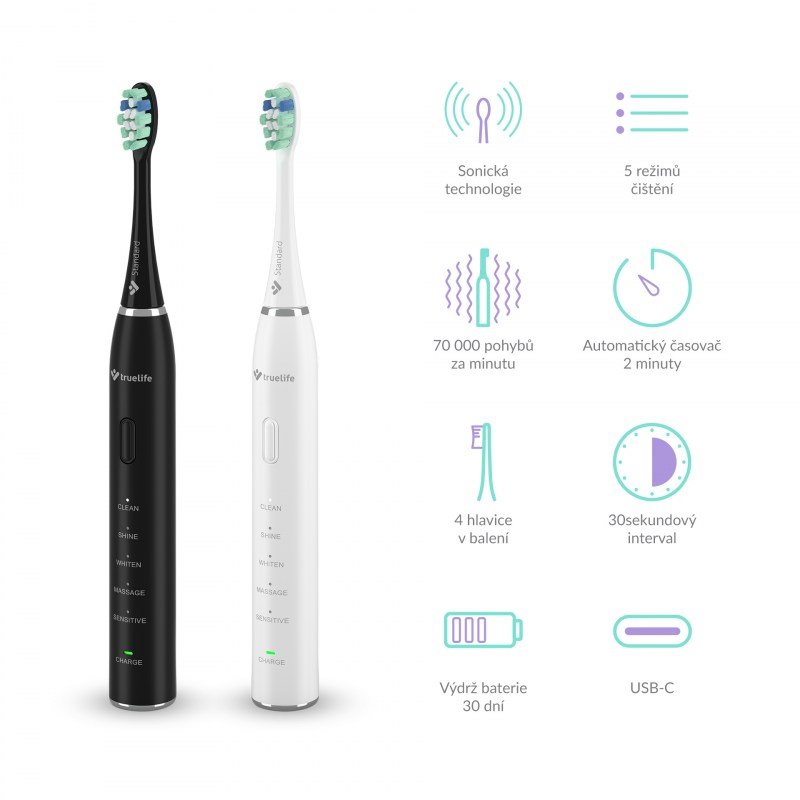 TrueLife SonicBrush Clean30 Duo - sada 2 sonických zubních kartáčků, černý a bílý + pouzdra a hlavice
