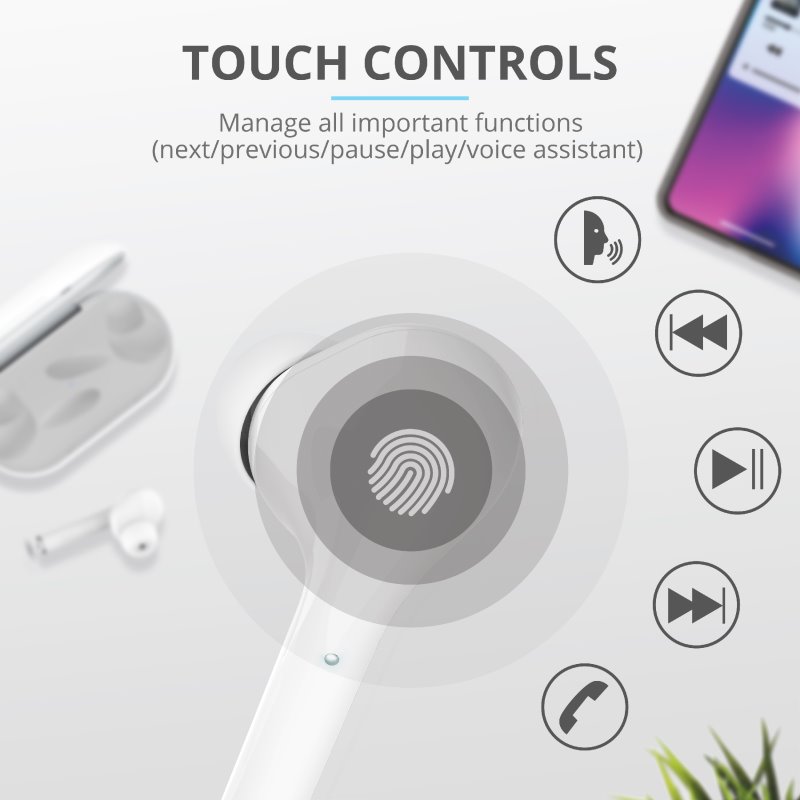 Trust Nika Touch Bluetooth Wireless Earphones, bílá