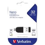 VERBATIM Flash Disk 32GB Store 'n' Stay Nano + micro USB OTG adaptér, USB 2.0, černá