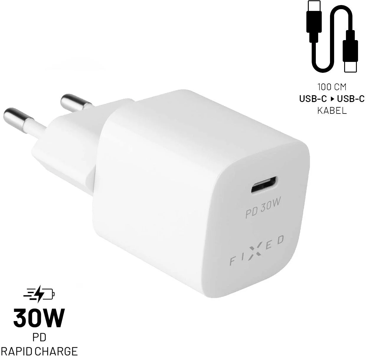 Výstupná nabíjačka FIXED Mini USB-C a sada káblov USB-C/USB-C, podpora PD, 1 meter, 30 W, biela