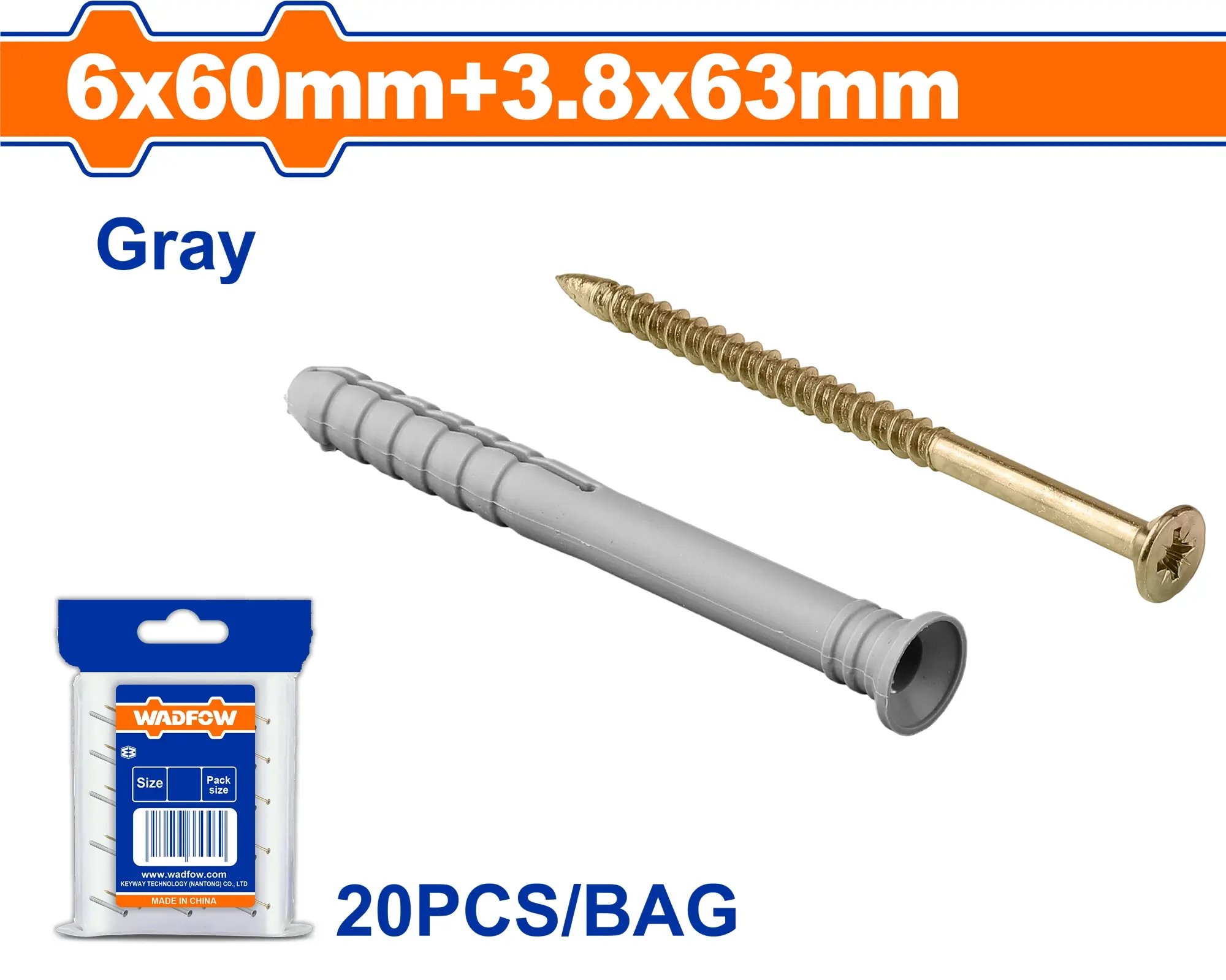 Wadfow Hmoždinka natloukací 6x60mm+vrut 3.8x63mm, sada 20 ks