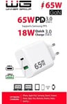 WG - Sieťová nabíjačka GaN 2x USB 65W, 1x USB-C PD 65W + 1x USB-A QC3.0 18W, biela