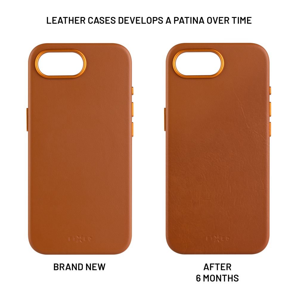 Zadný kryt FIXED MagLeather z kože s podporou MagSafe pre Apple iPhone 16e, hnedý
